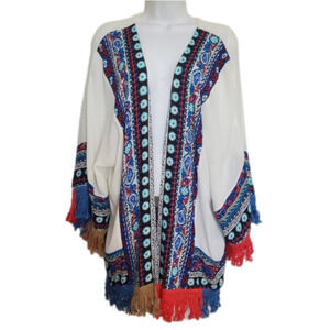 Umgee Kimono Floral Paisley Fringe Boho Beach Festive Cream Womens (S)